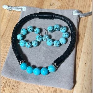 SS Vegan Leather Mag Clip Turquoise Bracelet FREE Handmade Beaded Hoop Earrings‌